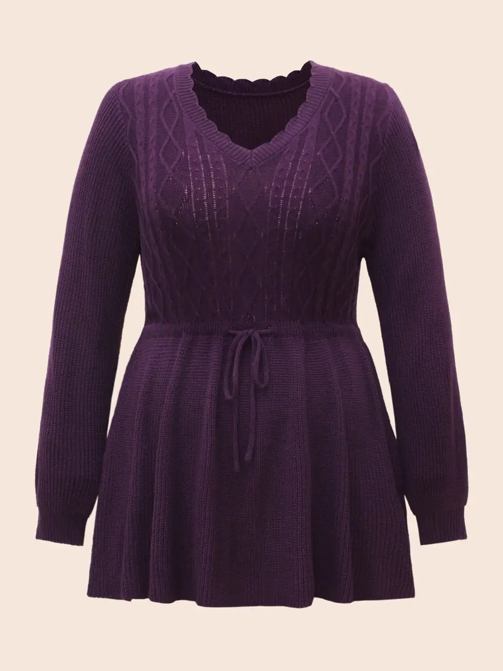 V Neck Cable Knit Drawstring Pullover