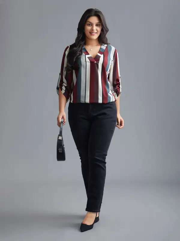 Vertical Striped V-Neck Tab Sleeve Blouse