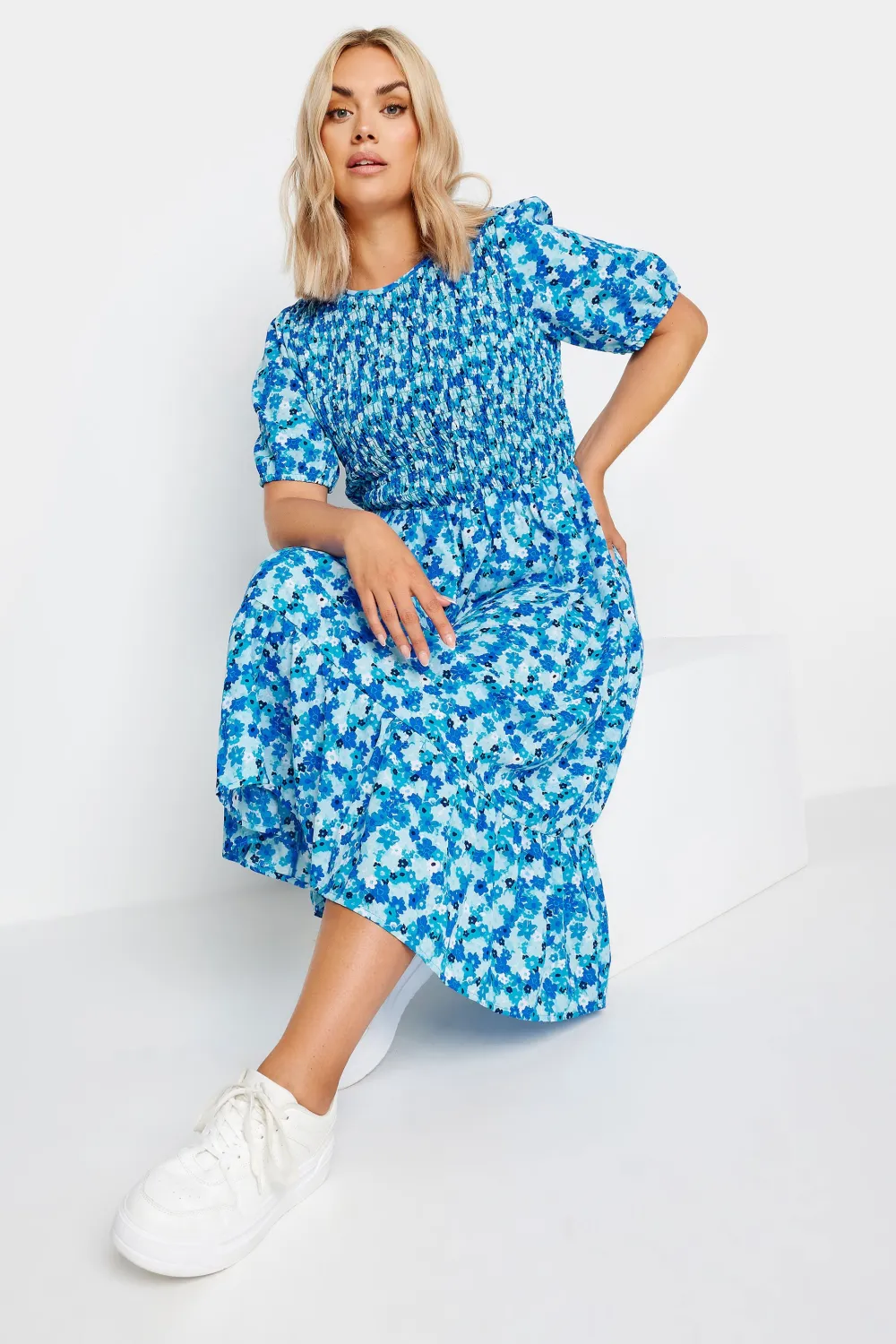 YOURS Curve Pink Floral Print Shirred Midaxi Dress