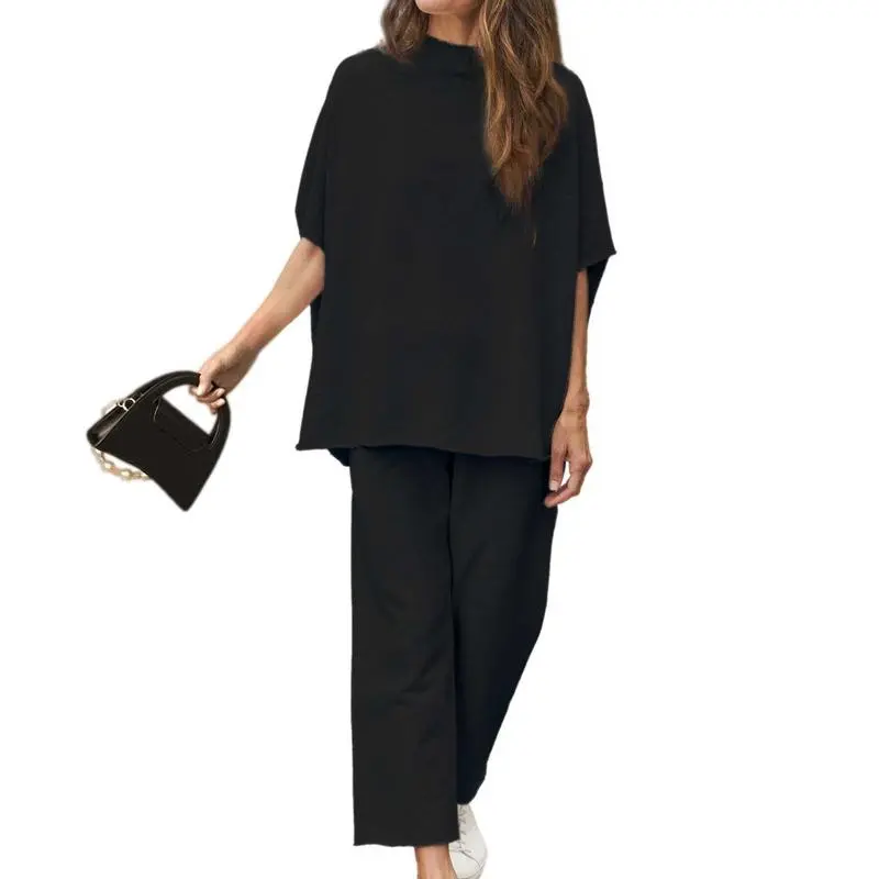 Women’s 2-Piece Lounge Set, Batwing Sleeve Pullover Top & Wide Leg Pants, Travel Outfit