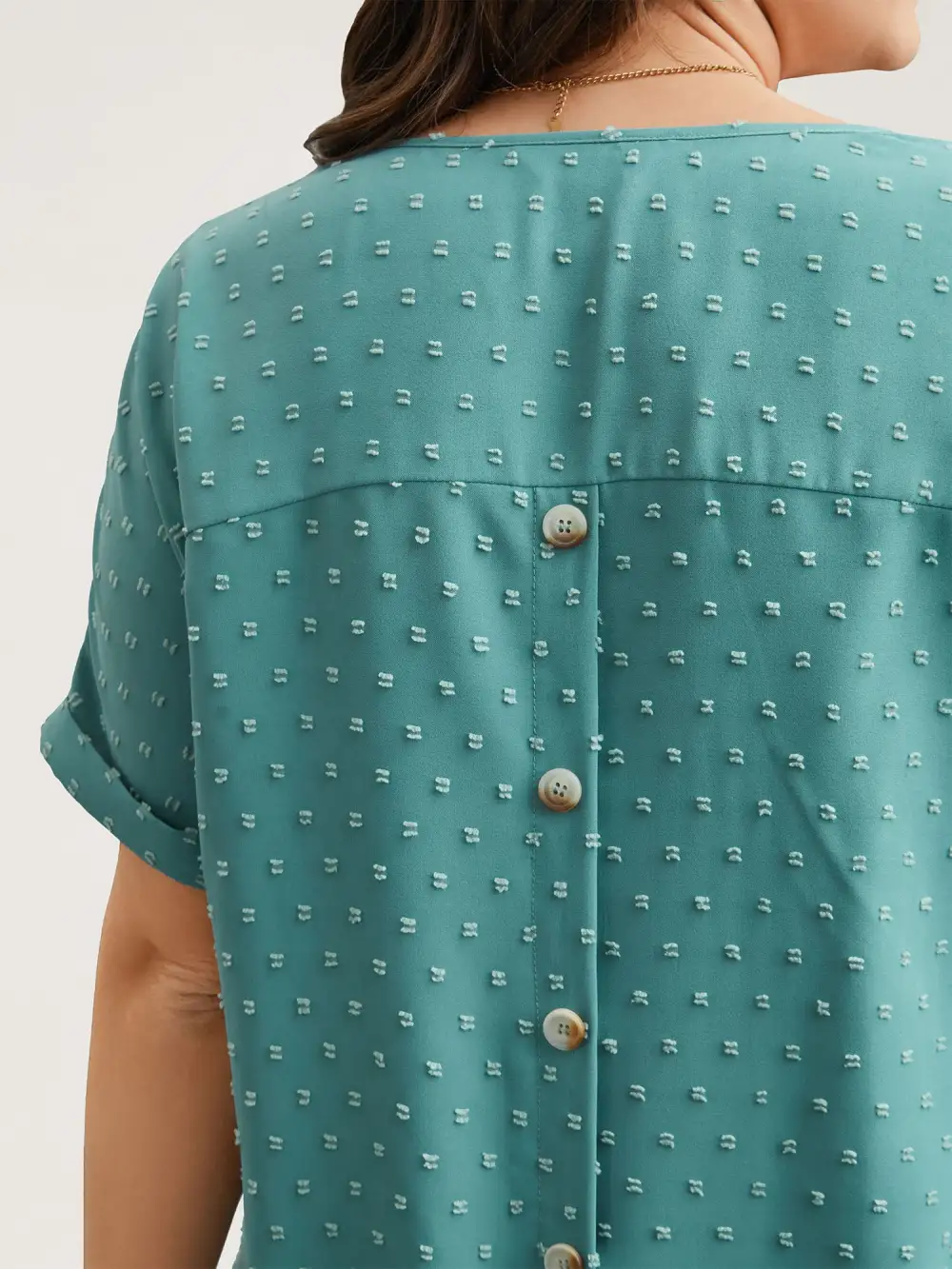 Back-Button Textured V-Neck Shirt