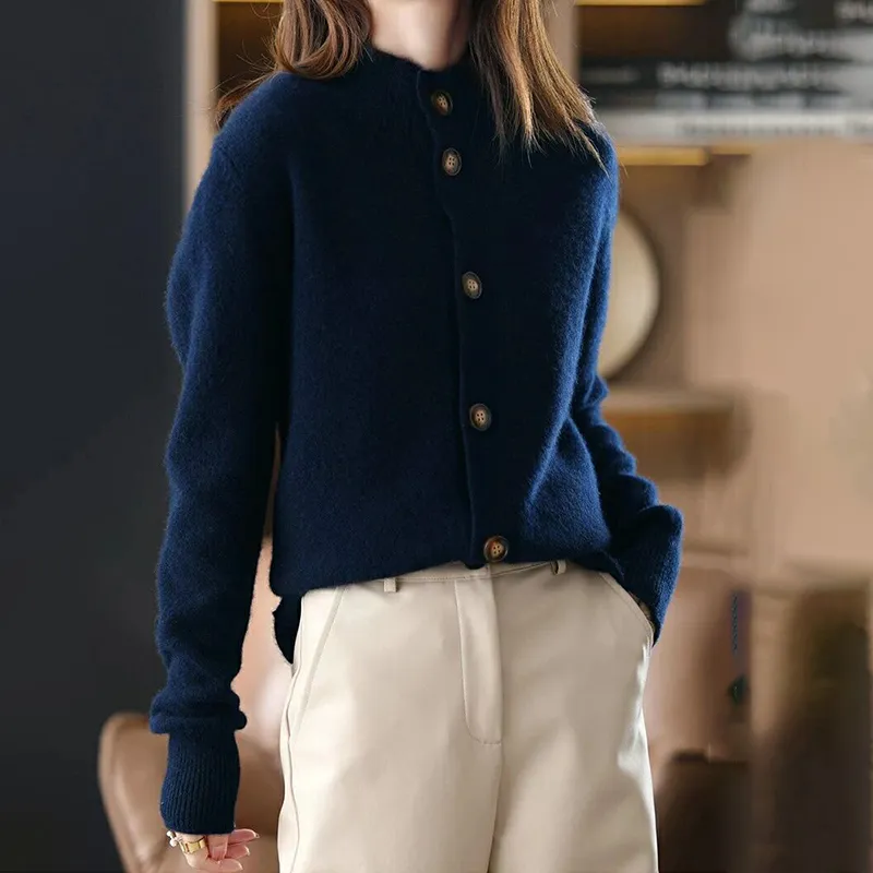 Solid Button Stand Collar Knitted Cardigan