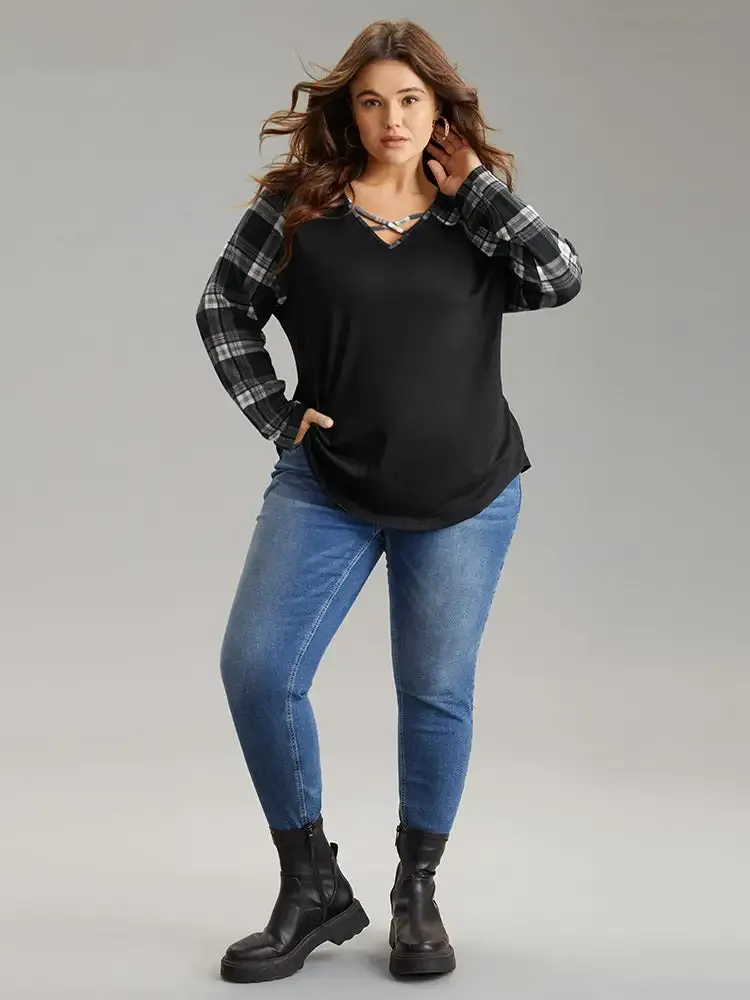 Plaid Patchwork Raglan Sleeve Crisscross T-Shirt