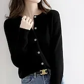 Women's Sweater Cardigan Streetwear Casual Solid Color Crew Neck Buttons Knitted Long Sleeve Regular Tops Knit Holiday Going out Weekend Black White Fall Winter