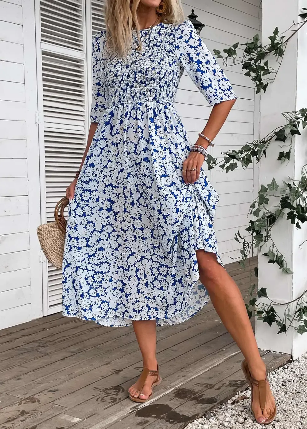 Blue Smocked Ditsy Floral Print Half Sleeve Dress