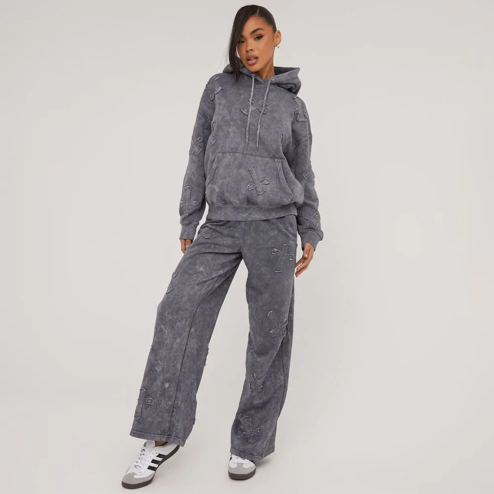 Cross Patch Detail Oversized Hoodie In Acid Wash Grey