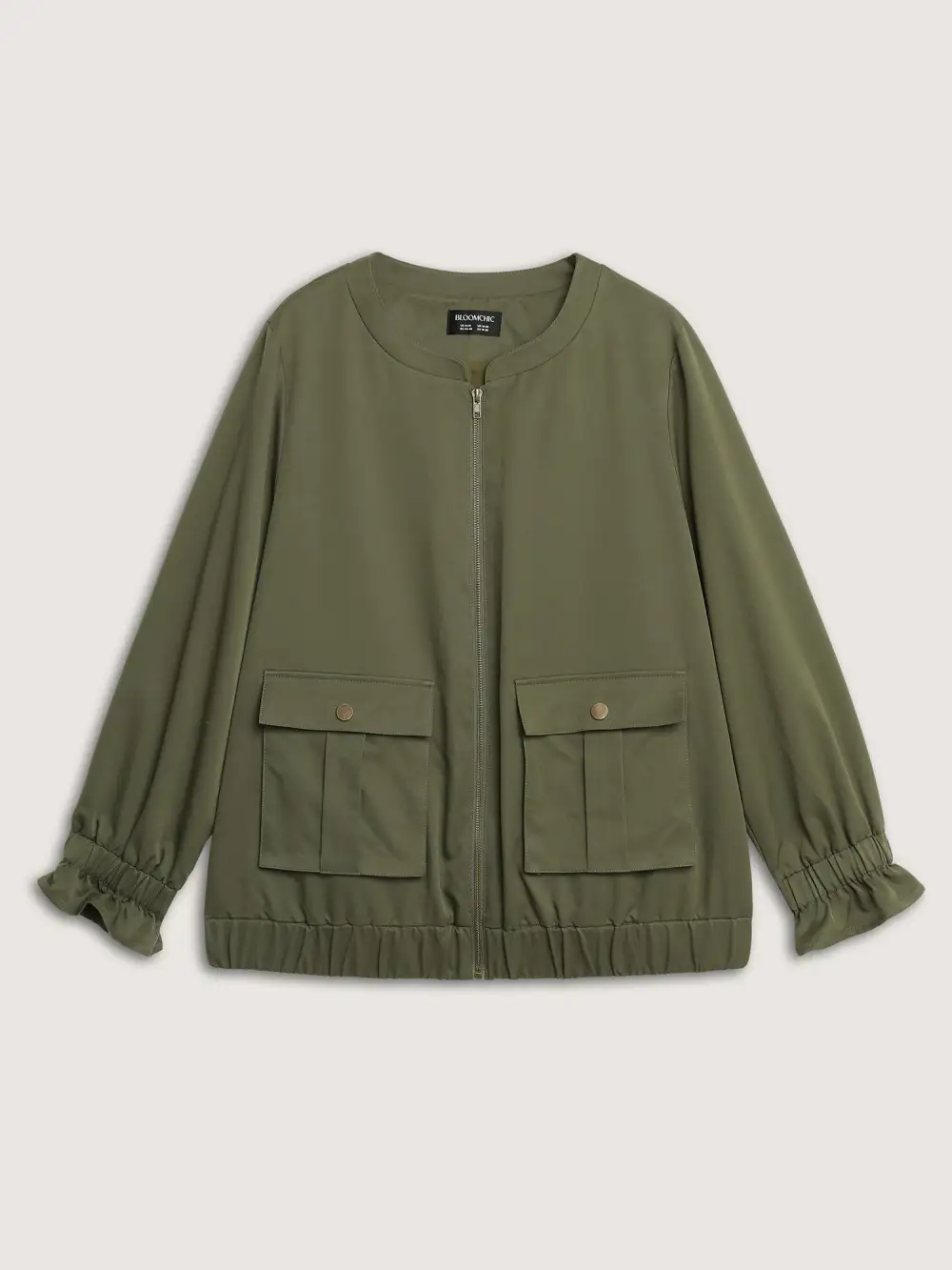 Lined Pockets Shirred Cuffs Zipper Jacket