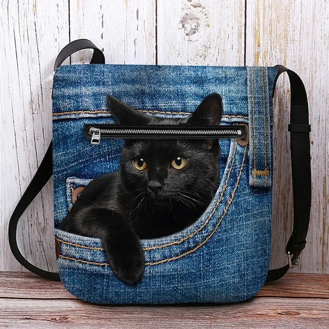 Women's Crossbody Bag Shoulder Bag Fluffy Bag Polyester Outdoor Daily Holiday Print Large Capacity Lightweight Durable Cat Yellow Red Blue