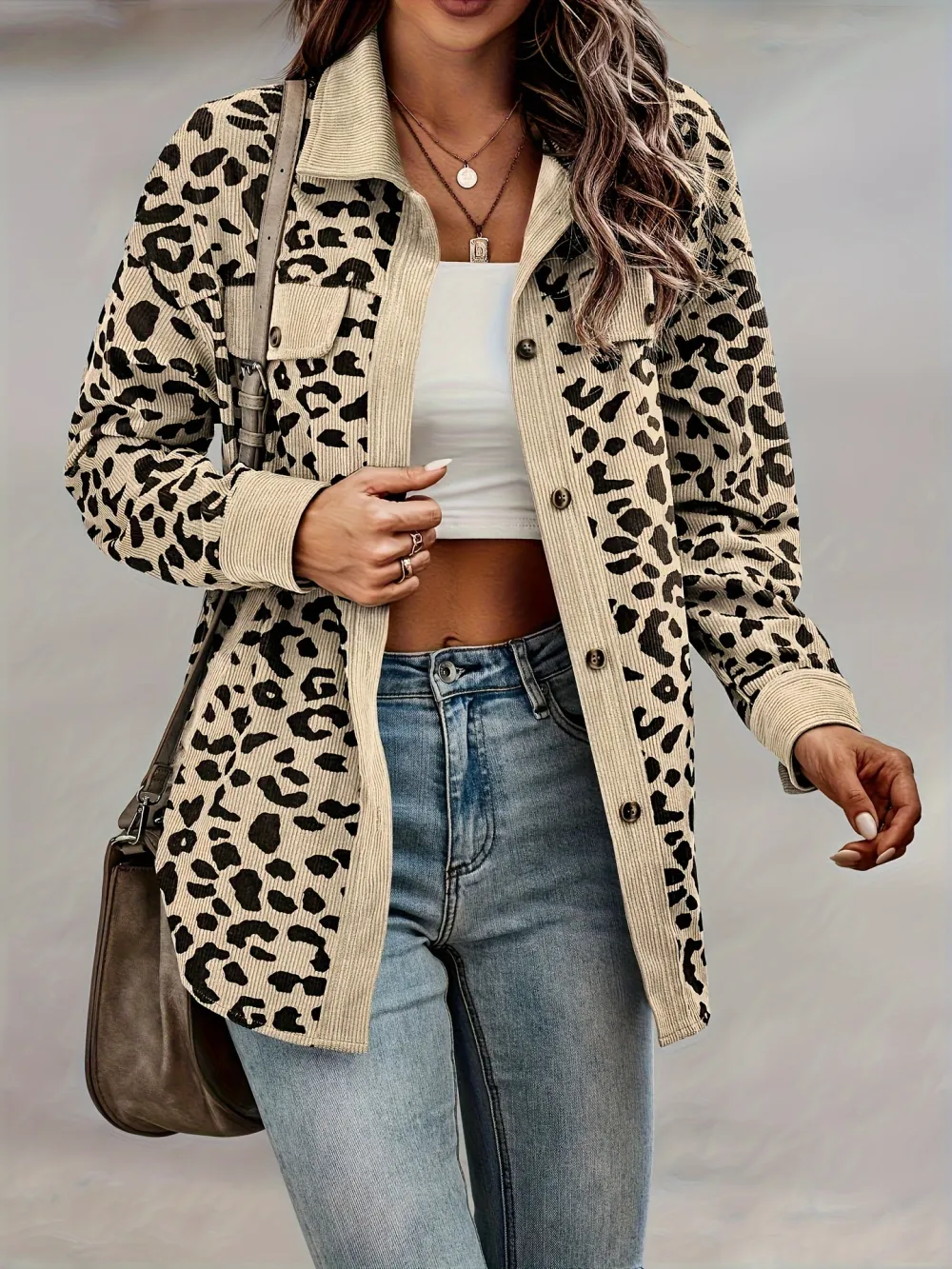 Wild Leopard Print Shacket Jacket - Soft, Casual, Button-Front, Turn-Down Collar, Long Sleeve, Outerwear for Women - Perfect for Daily Wear, Outdoor Activities, and Layering