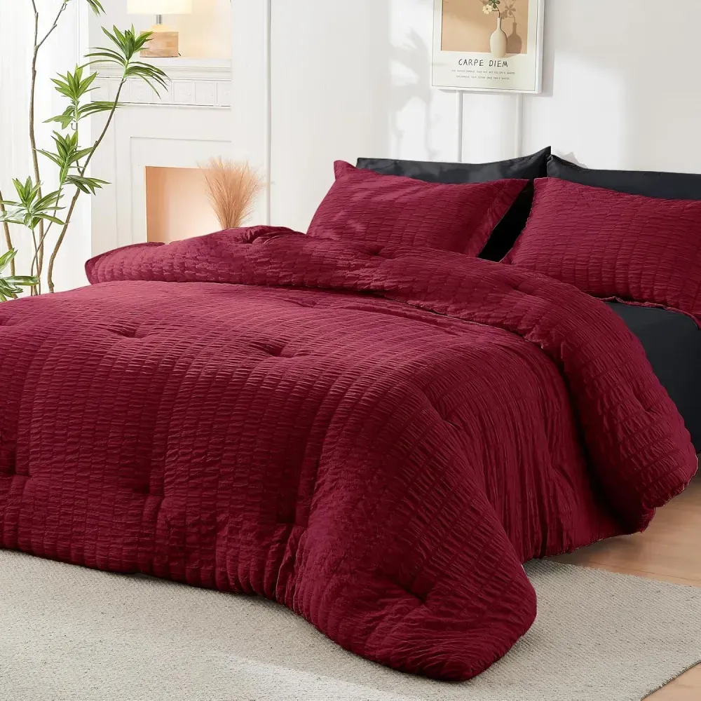 Queen Comforter Set Seersucker 7 Pieces, All Season Luxury Bed in a Bag for Bedroom, Bedding Set with Comforters, Sheets, Pillowcases & Shams, Dark Grey