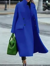 Women's Winter Coat Coat Cloak / Capes Windproof Warm Pocket Casual Street Style Plain Vacation Work Street Daily Wear Single Breasted Turndown Loose Fit Long Sleeve Outerwear Red Blue Green Fall