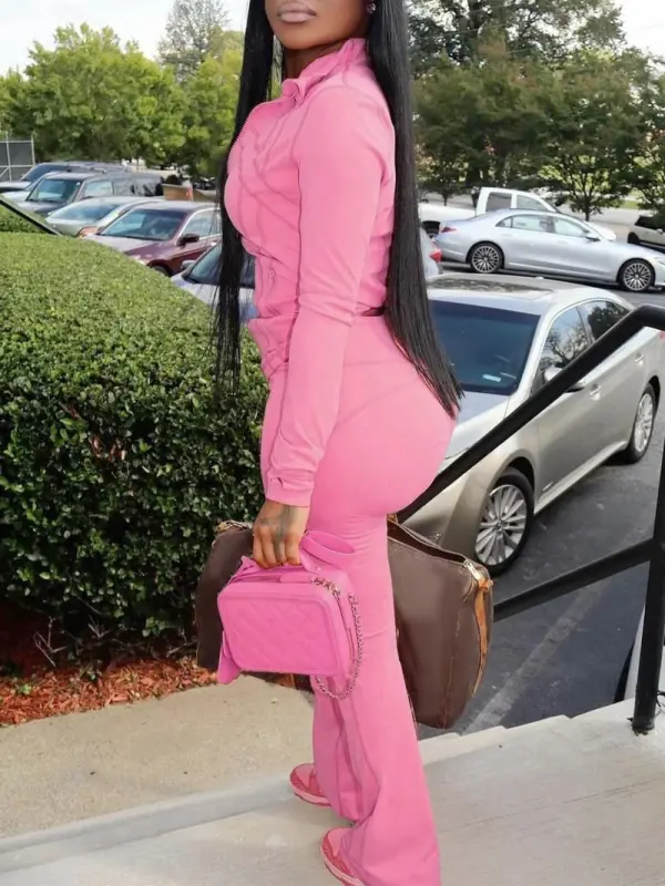 Women’s Fall/Winter 2-Piece Set: Solid Zip-Up Jacket + Flare-Leg Pants (Casual, Cozy)