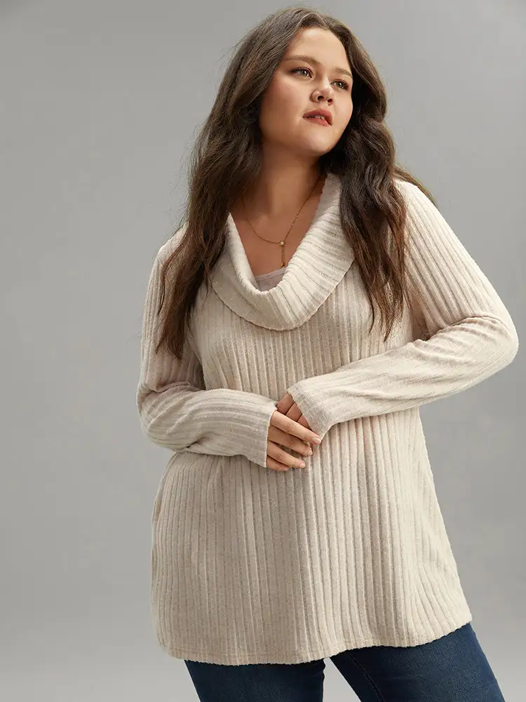 Plain Rib Knit Cowl Neck T-Shirt