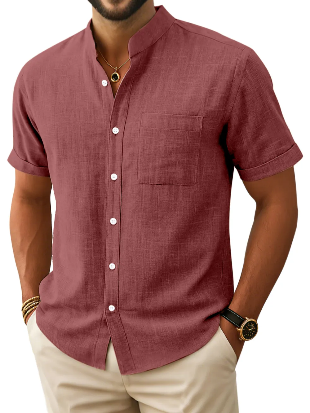 Men's Retro Simple Comfortable Stand Collar Button-down Short Sleeve Shirt
