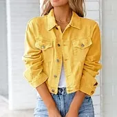 Women's Denim Jacket Comfortable Pocket Buttons Elegant Fashion Outdoor Plain Going out Casual Daily Weekend Cardigan Regular Lapel Regular Fit Long Sleeve Outerwear Black White Yellow Spring Fall