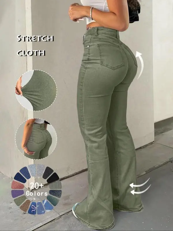 Women's High Waist Flare Jeans – Casual Button Fly Bell Bottom Denim Trousers