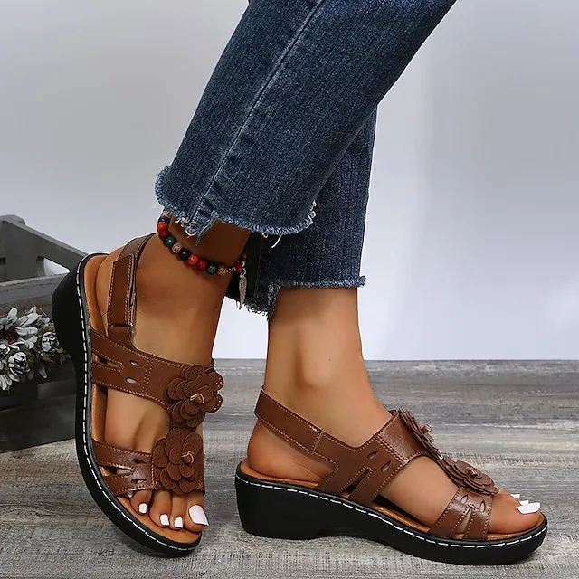 Women's Sandals Wedge Sandals Ankle Strap Sandals Outdoor Daily Summer Flower Cuban Heel Open Toe Vintage Casual Faux Leather Patent Leather Magic Tape Solid Color Dark Brown Black White