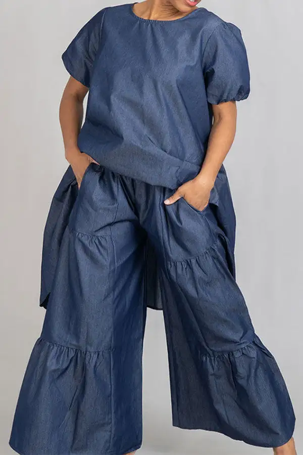 Denim Irregular Top & Ruffle Pant Set