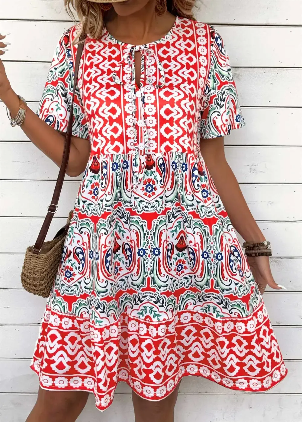 Multi Color Tribal Print A Line Short Sleeve Dress