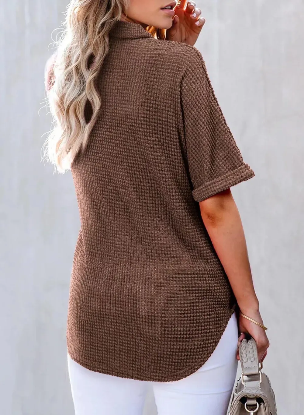 ✨2025 New Women's Waffle Knit Short Sleeve Tunic Henley Shirts