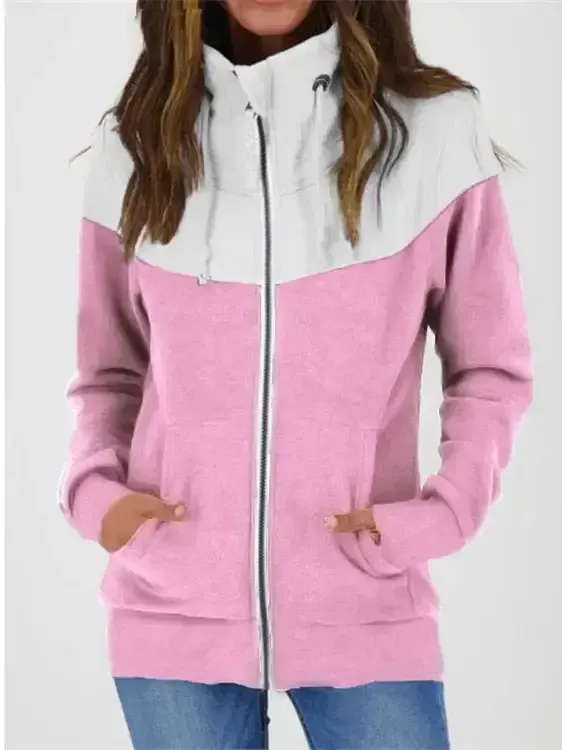 Women Long Sleeve Turtle Neck Cardigan Zipper Stitching Sweatshirts Tops