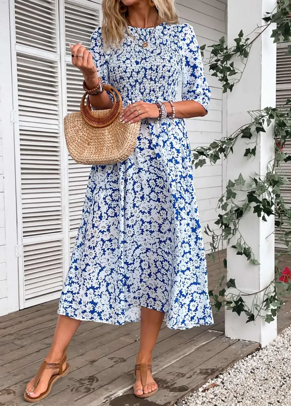 Blue Smocked Ditsy Floral Print Half Sleeve Dress
