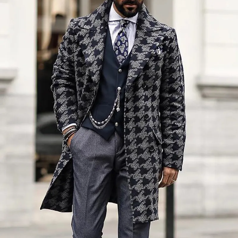 Men's Mid-Length Suit Collar Fashion Print Coat