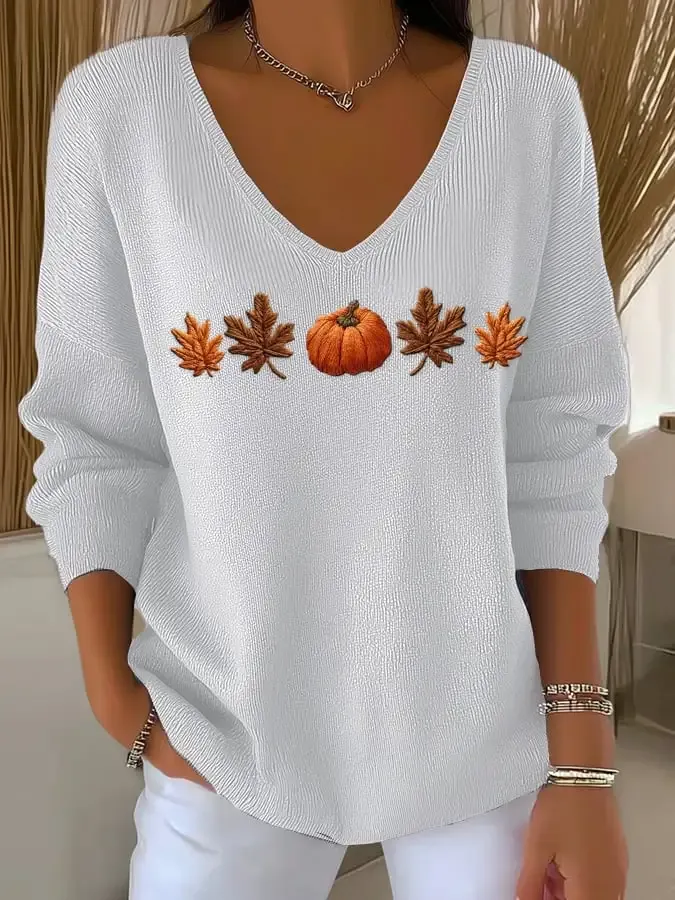 Women's Casual Autumn Maple Leaf Pumpkin Striped Long-Sleeved V-Neck Top