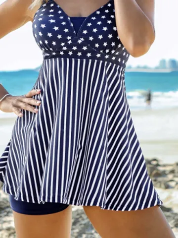 Casual V Neck Polka Dots Swim Dress