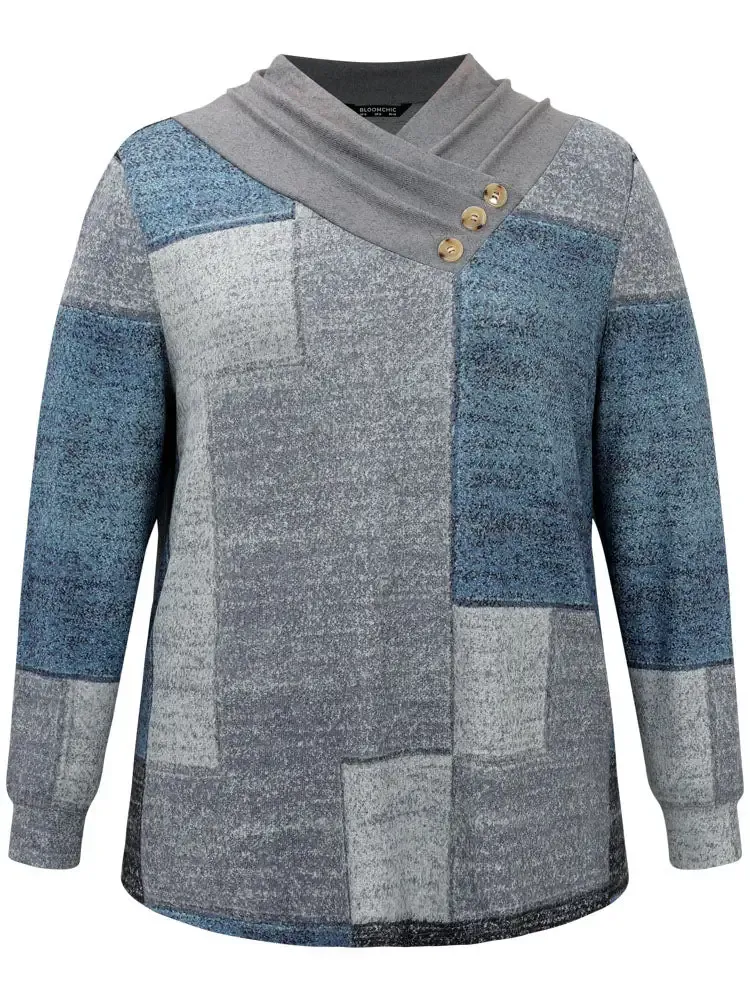 Asymmetrical Colorblock Button Detail Pleated T-Shirt