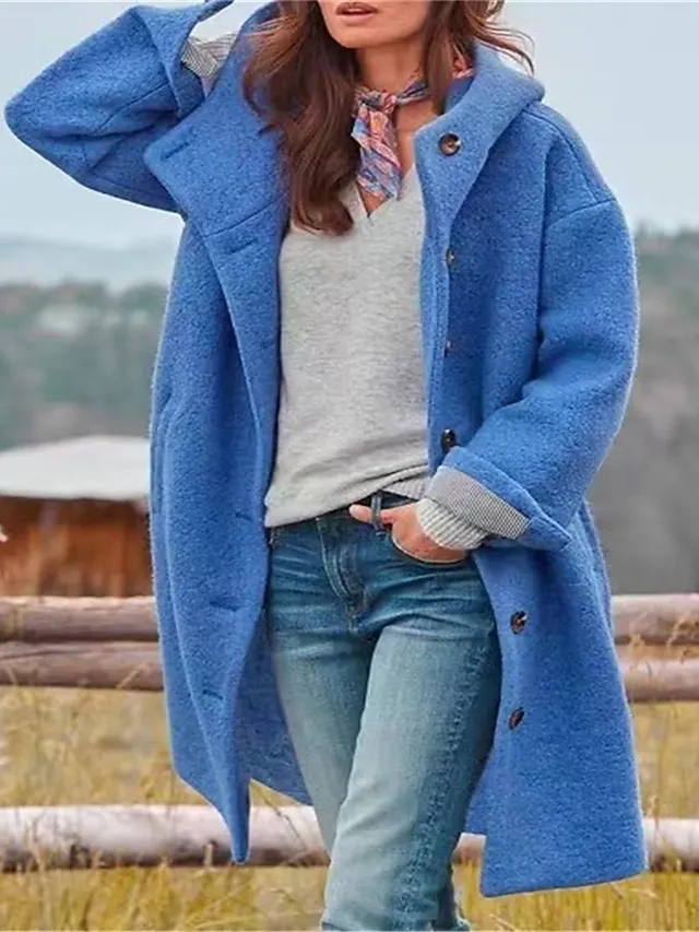 Women's Winter Coat Long Overcoat with Hood Fall Pea Coat Single Breasted Jacket with Pockets Warm Windproof Trench Coat Long Sleeve Black Royal Blue Fuchsia
