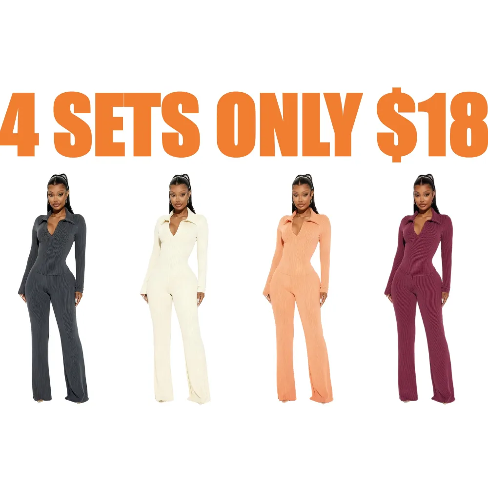 Ribbed Knit Collared Deep V Slim-Fit Set - Fashion Two-Piece with Flared Pants