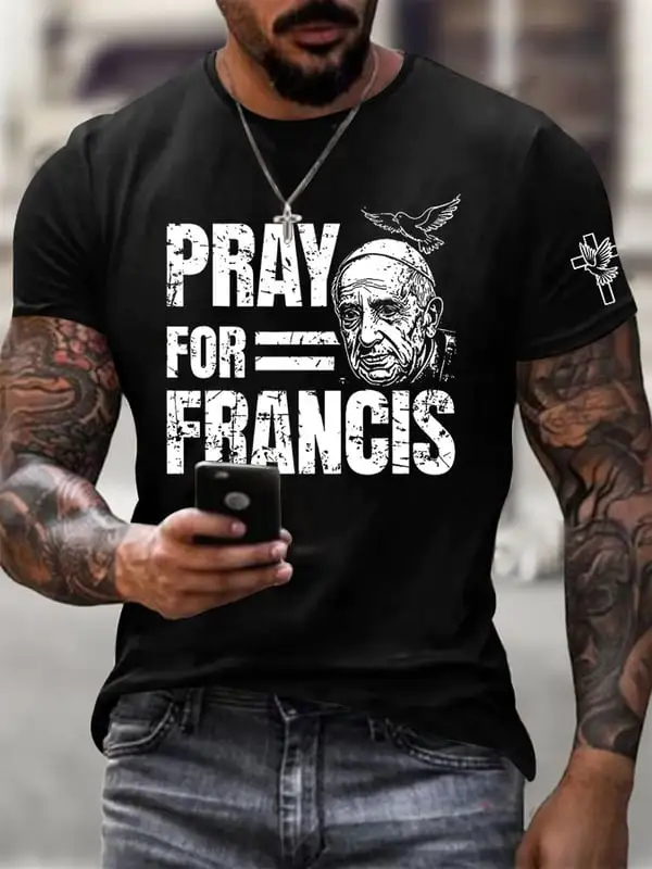 Men's  Pray For Holy Father 1936-2025 Print Short Sleeve Round Neck Cotton T-Shirt