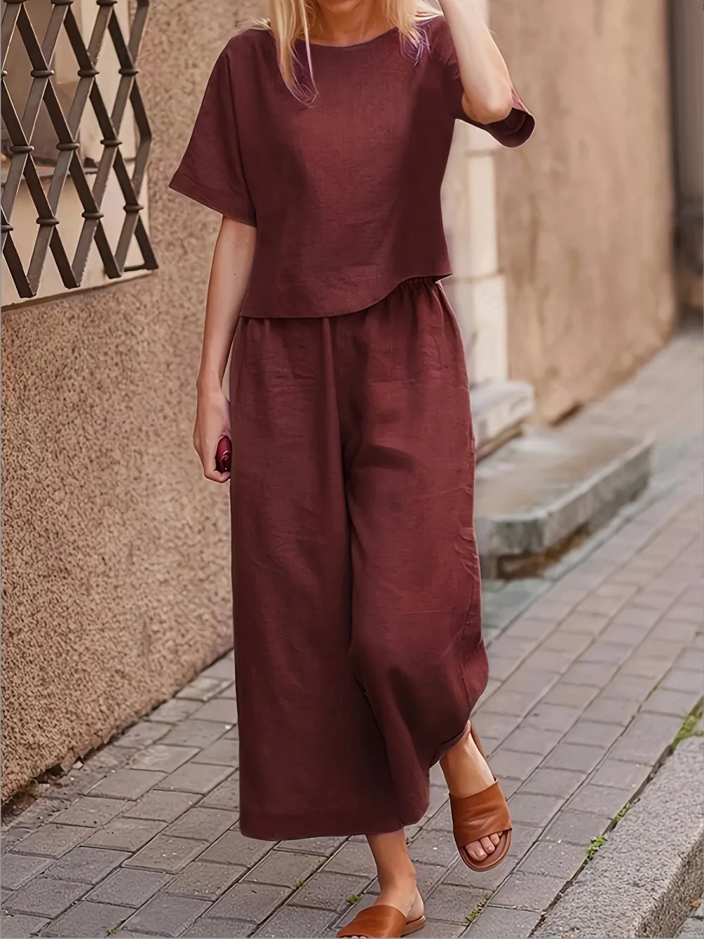 Two-piece Set, Solid Crew Neck Casual T-Shirt & Wide Leg Pants