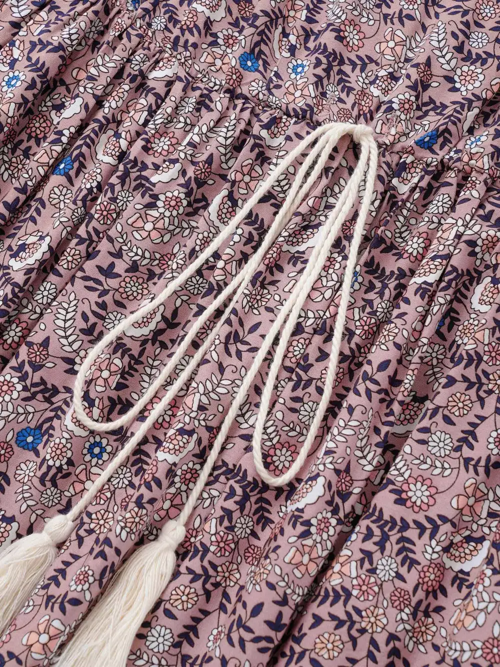 Boho Print Notched Ties Tassel Trim Dress