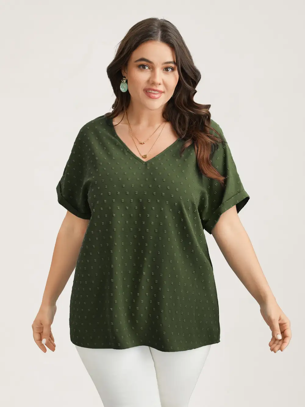 Back-Button Textured V-Neck Shirt