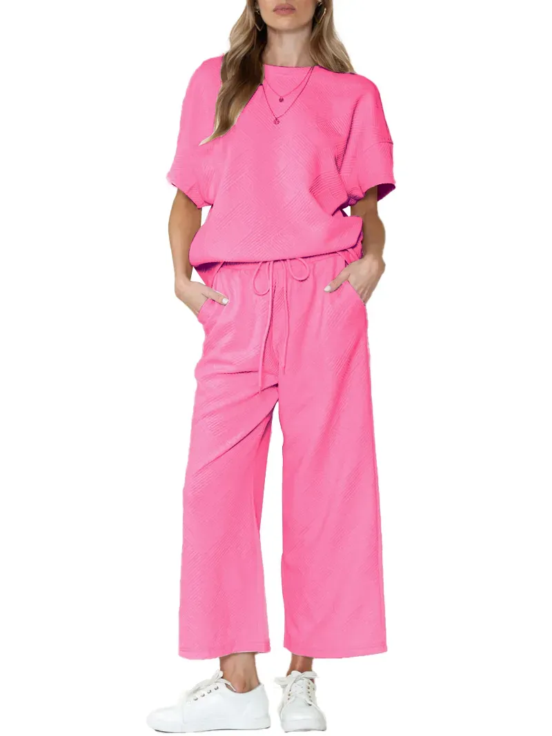 ✨Women's Textured Loose Fit T Shirt and Drawstring Pants Casual Set