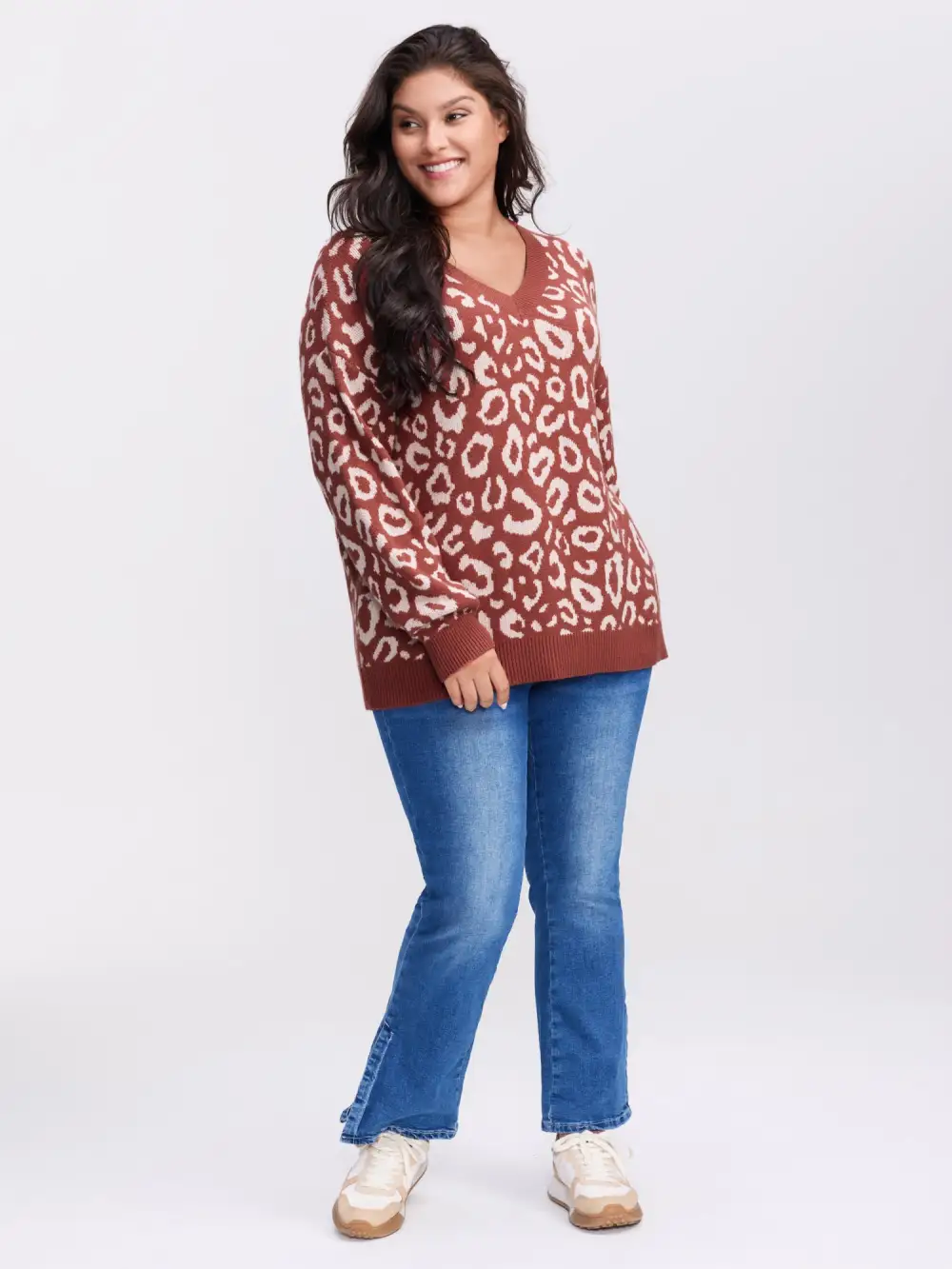 Leopard Print V-Neck Contrast Pullover