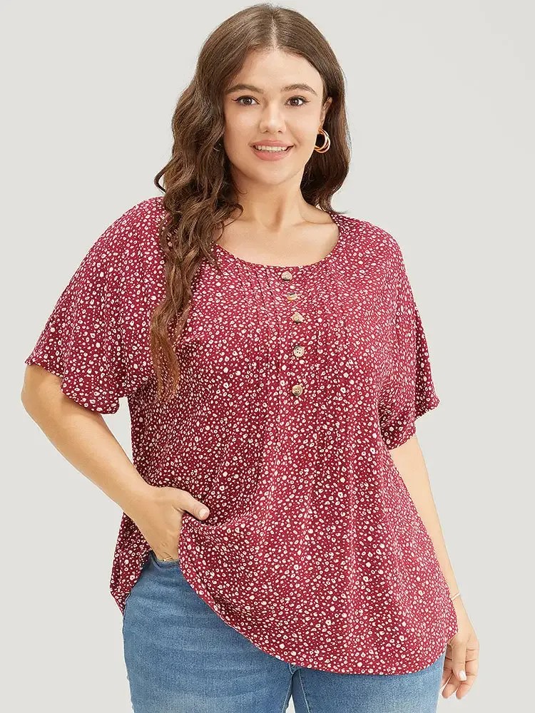 Ditsy Floral Pleated Front Button Detail Blouse