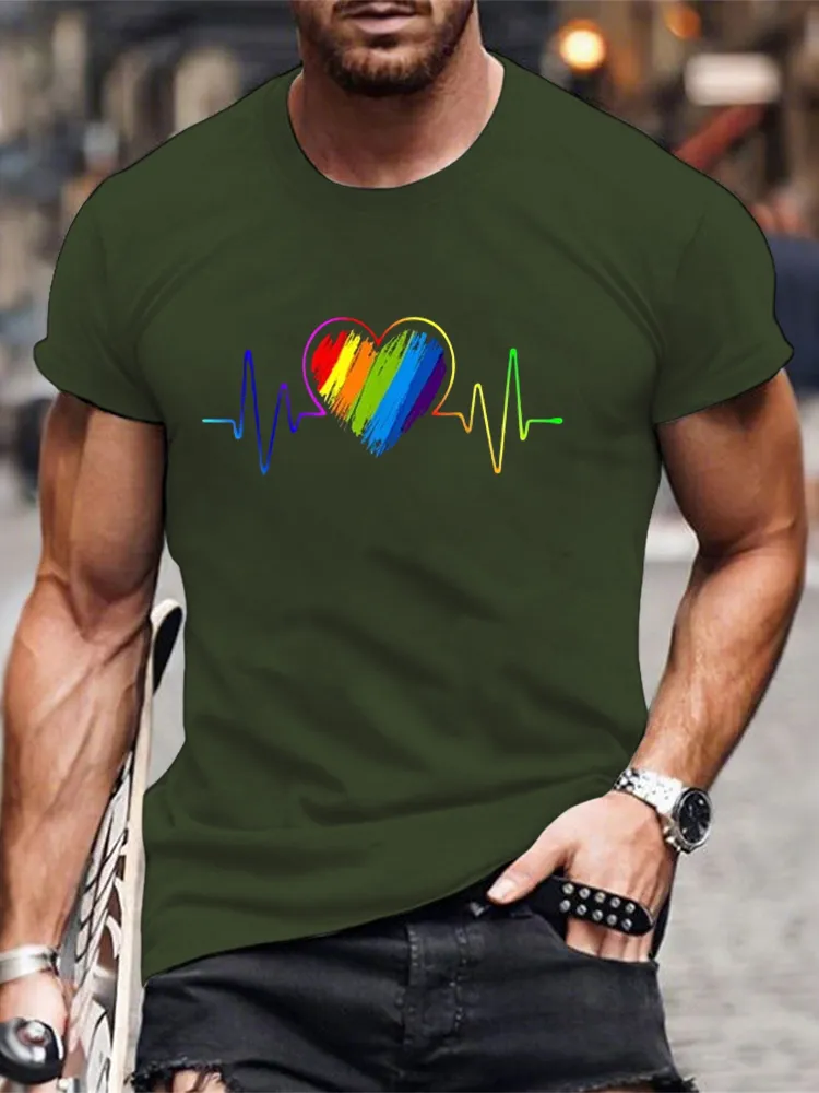 Men'S T-Shirt With Pure Cotton Round Neck, Rainbow Heartbeat, LGBT