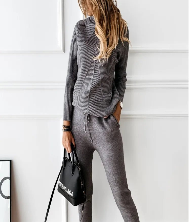 Ladies High-Neck Solid Color Fashion Casual Set