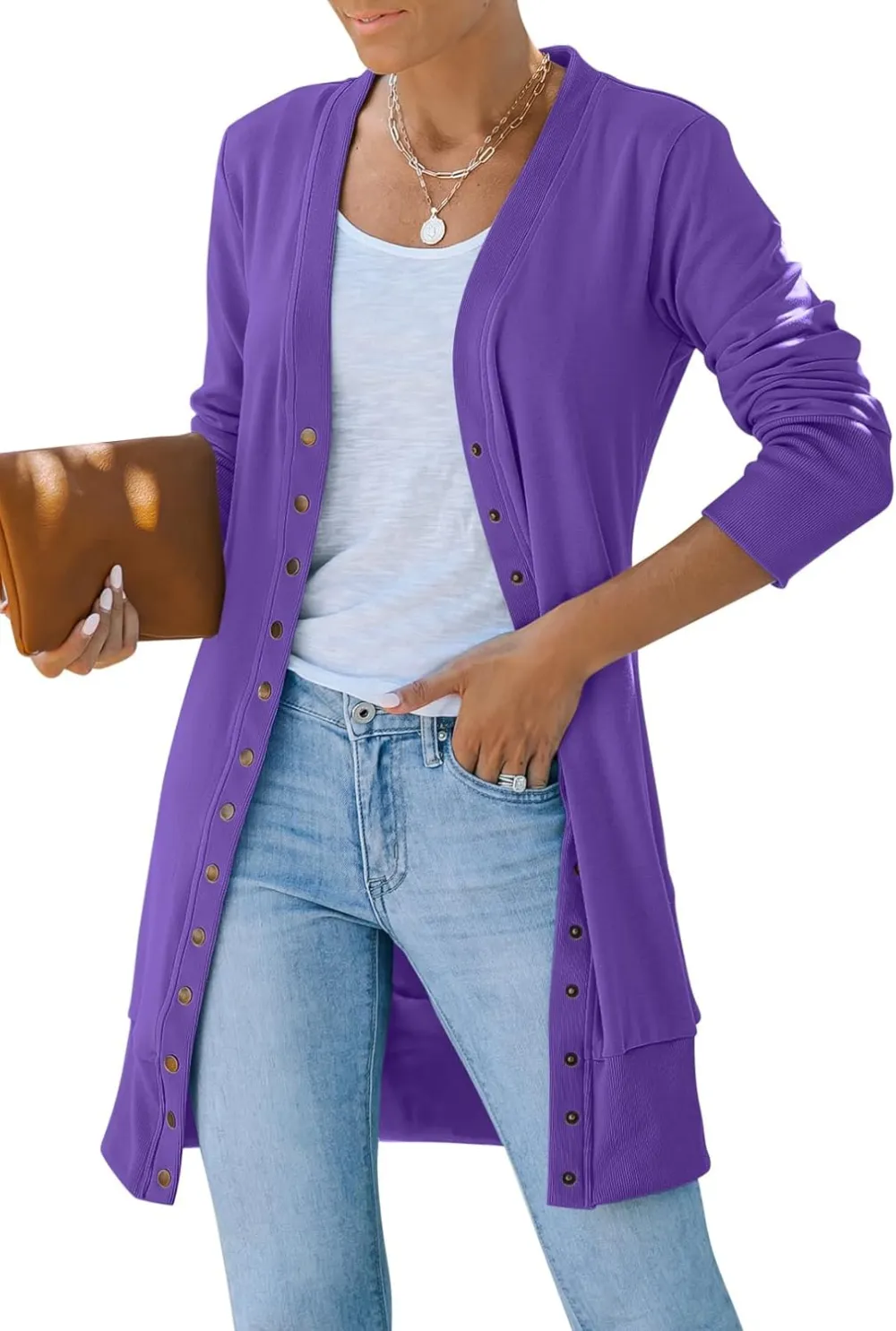 Women's 2024 Fall Long Sleeve Snap Button Down Solid Color Knit Ribbed Neckline Cardigans