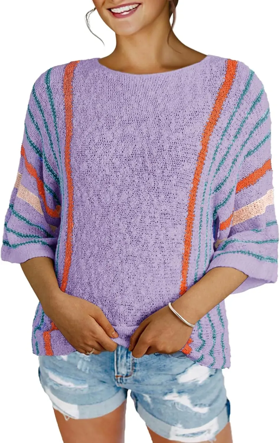 ✨Hot Sale-Women's Casual Color Block Striped Cable Knit Boho Sweater