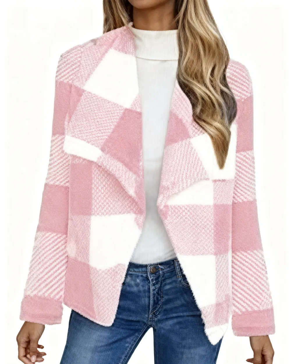 Women's Fleece Jacket Casual Jacket Comfortable Breathable Print Casual Plaid Vacation Street Casual Daily Wear Open Front Long Turndown Regular Fit Long Sleeve Outerwear Black And White Black Pink