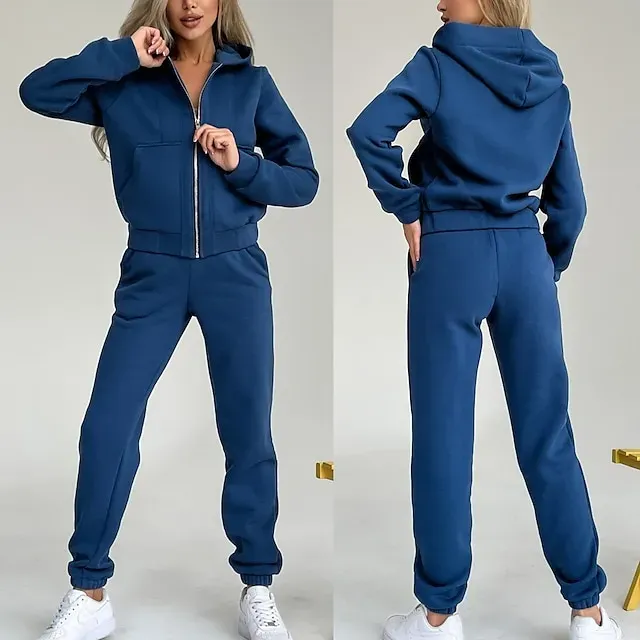Women's Tracksuit Sweatsuit Pocket 2 Piece Solid Colored Hoodie and Pants Outfit Set Clothing Suit Fall Black White Jogging Training Exercise Thermal Warm Soft Moisture Wicking Long Sleeve Sport