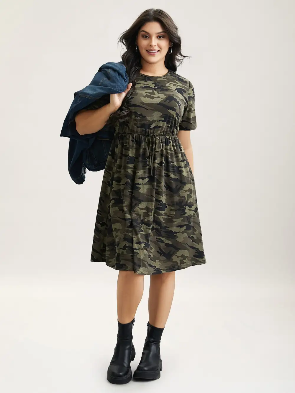 Camouflage Print Round Neck Pockets Midi Dress