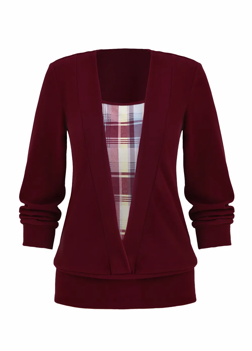 Wine Red Fake 2in1 Plaid Long Sleeve Sweatshirt