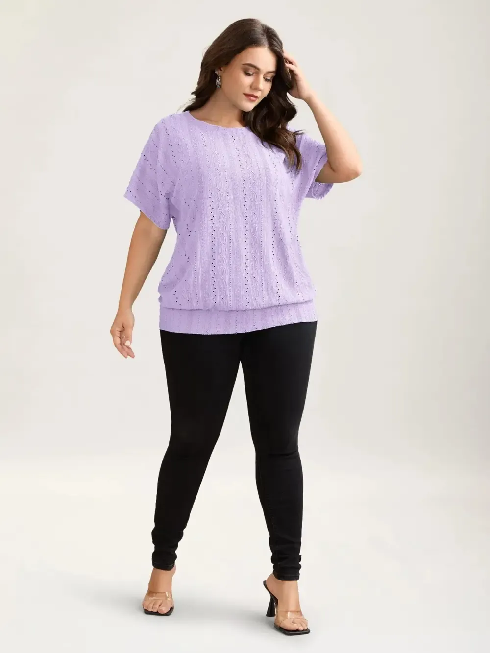Eyelet Trim Stretchy Textured Plain Top