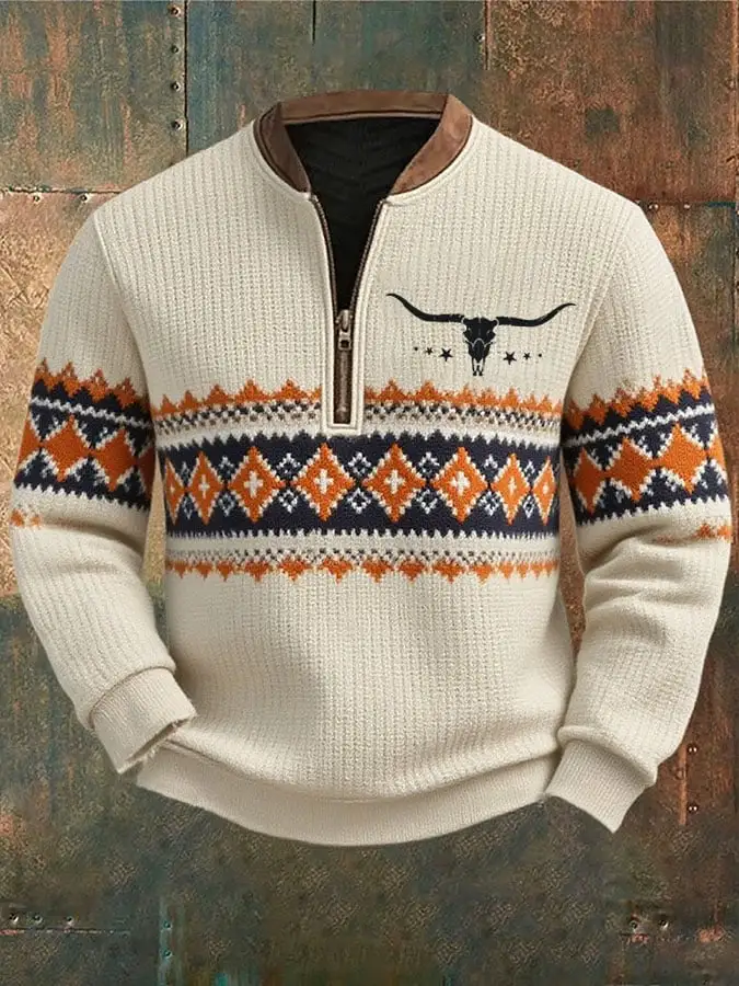 Men's Retro Western Contrast Print Zip-Up Sweatshirt