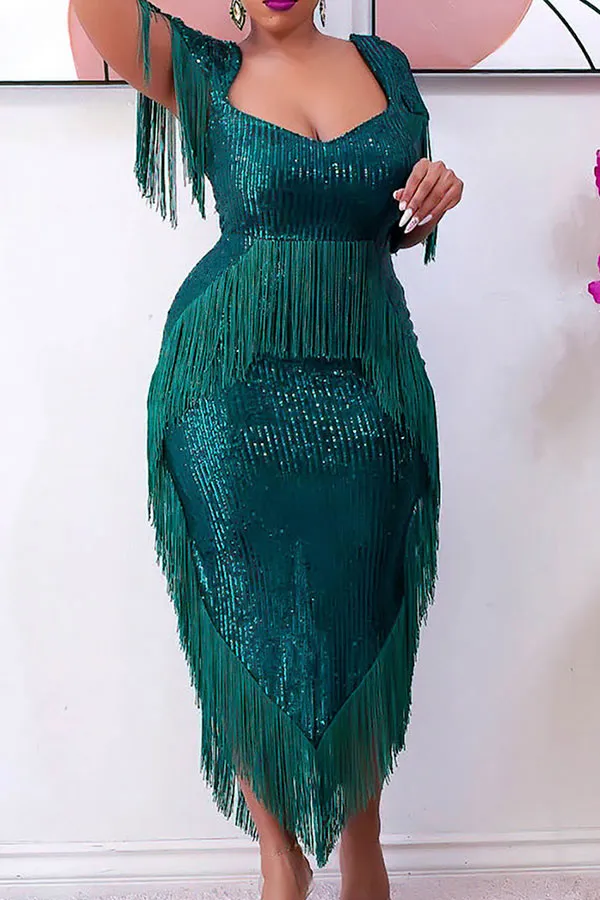 Sequined Luxe Tassel Irregular Midi Dress